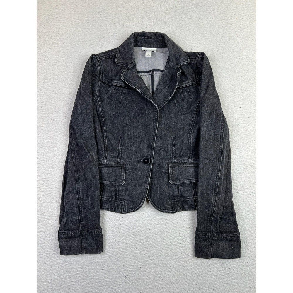 Ann Taylor Loft Jacket Womens 8 Black Denim Blazer One Button Cropped Fitted